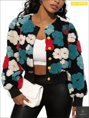 Cropped Floral Bomber Jacket Fleece Vintage Aviator Style Puff Sleeve